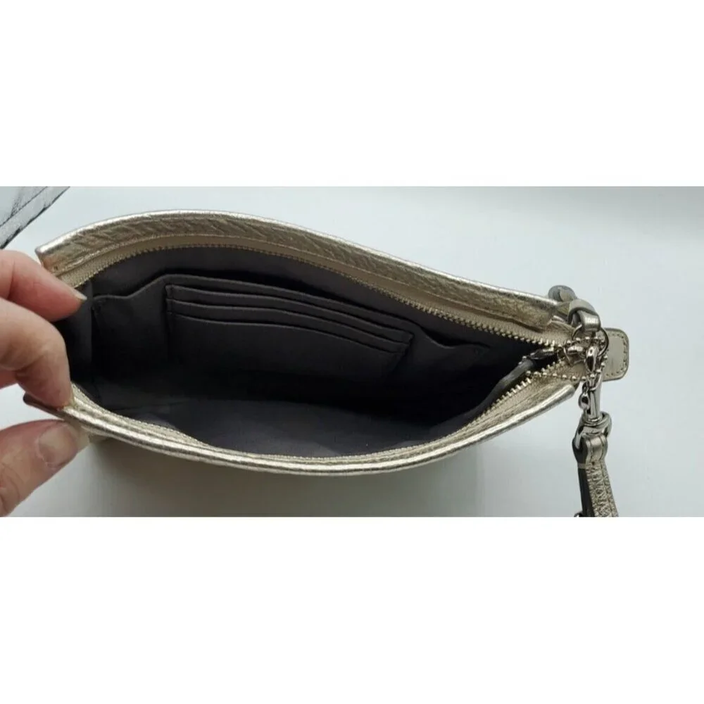 Coach Pebbled Gold Leather Small Zip Tassel Wristlet Removable Strap